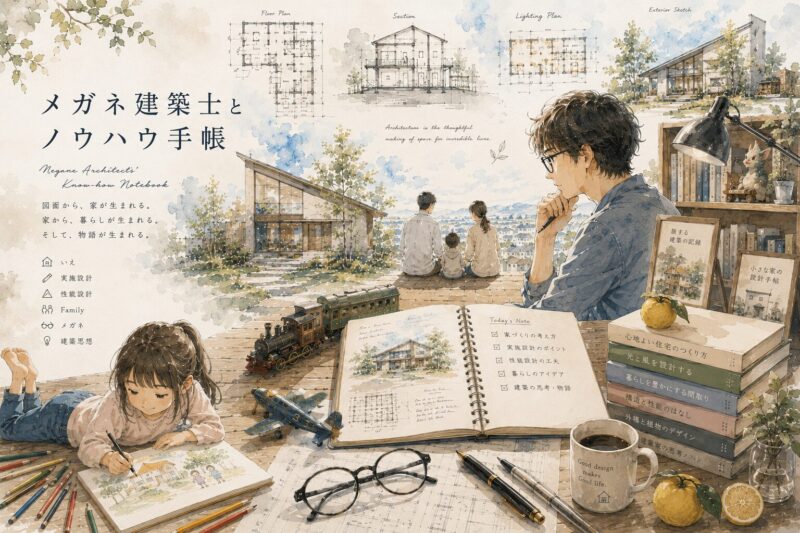 建築士の机：図面・洋書・コーヒー・メガネの水彩画